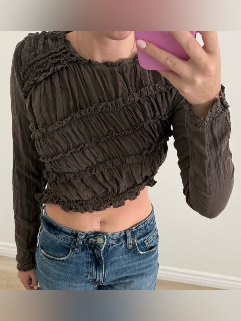Free People Brown Smocked Long-Sleeve